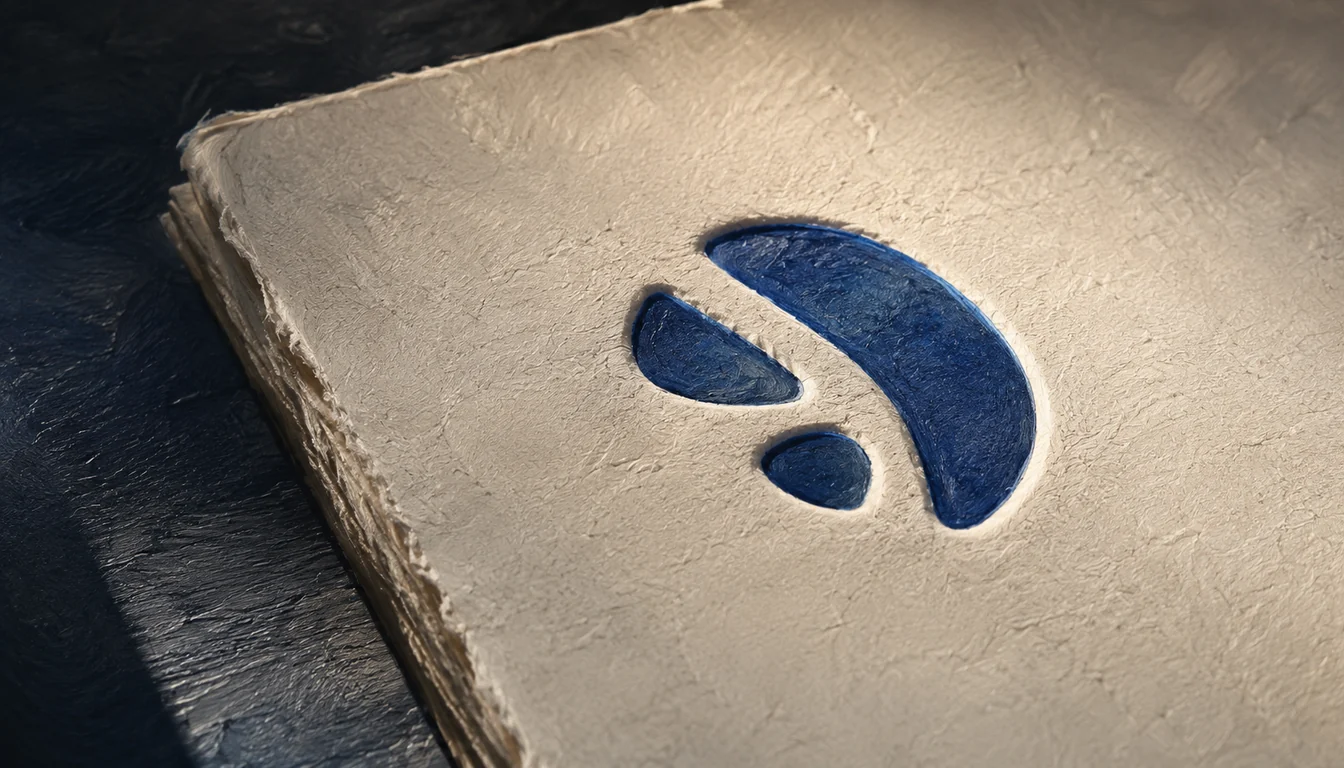 Painterly close still life of a deep cobalt-blue letterpress impression pressed into thick cream paper, raking side light catching the depth and tactile texture of the deboss — the considered, human mark that flat AI output can't fake.