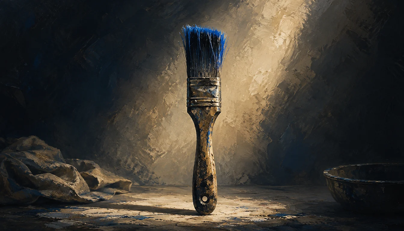 Painterly still life of a single well-worn paintbrush standing upright in a warm pool of light against deep shadow, a subtle cobalt-blue glow on the bristles. The part of the work that stays human.