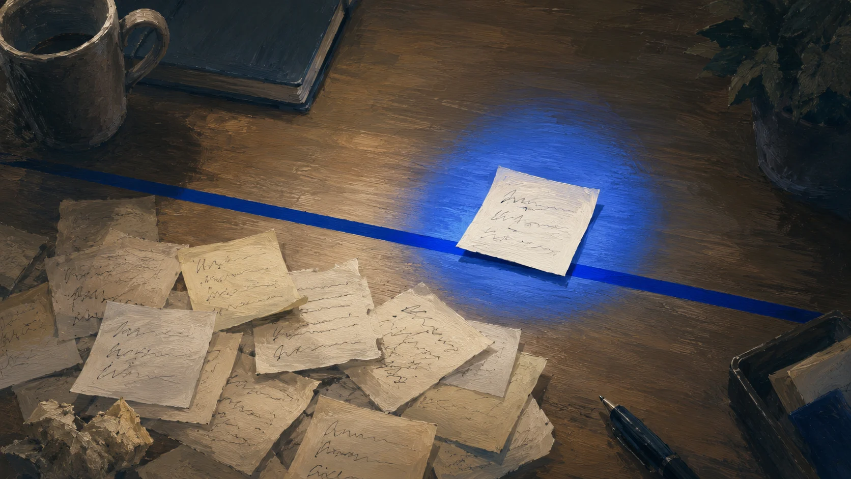 Painterly desk with a single crisp cobalt-blue line drawn across it; a drift of request notes piles up to the near side, and one note that has crossed the line is caught in a soft cobalt spotlight — the over-scope request flagged in time.