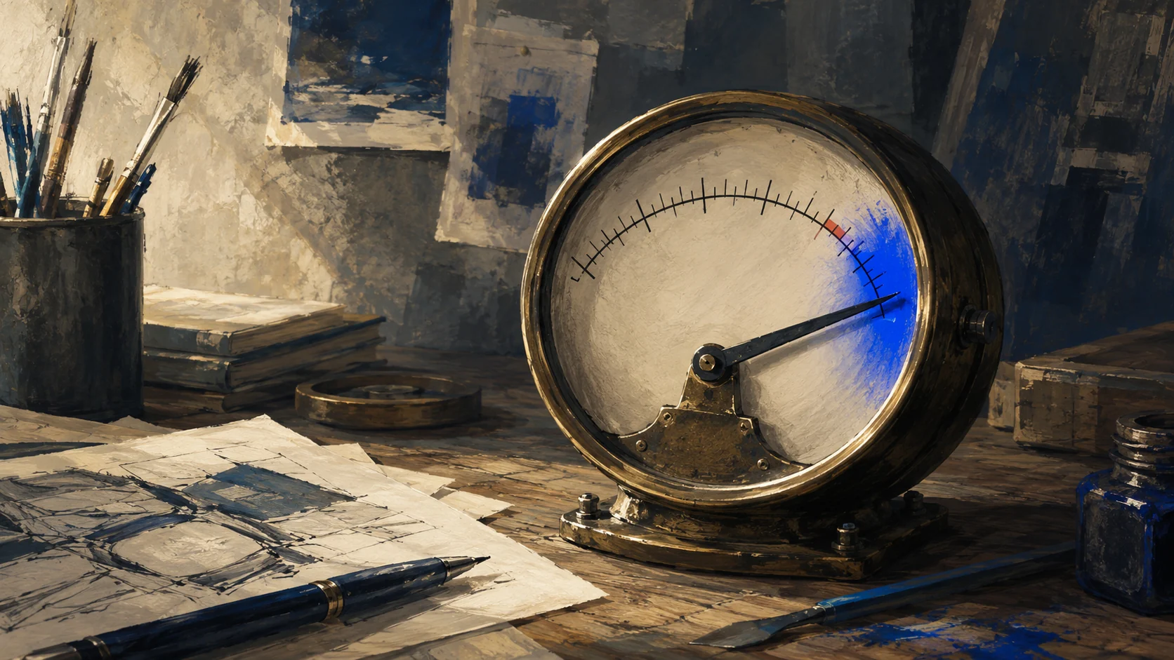 Painterly view of a vintage brass gauge on a creative's desk among brushes, sketches and an ink bottle; its needle is swung hard to the right, well past a marked limit, into a glowing deep-cobalt 'over' zone — the meter that's been running the whole time, that no one was watching.