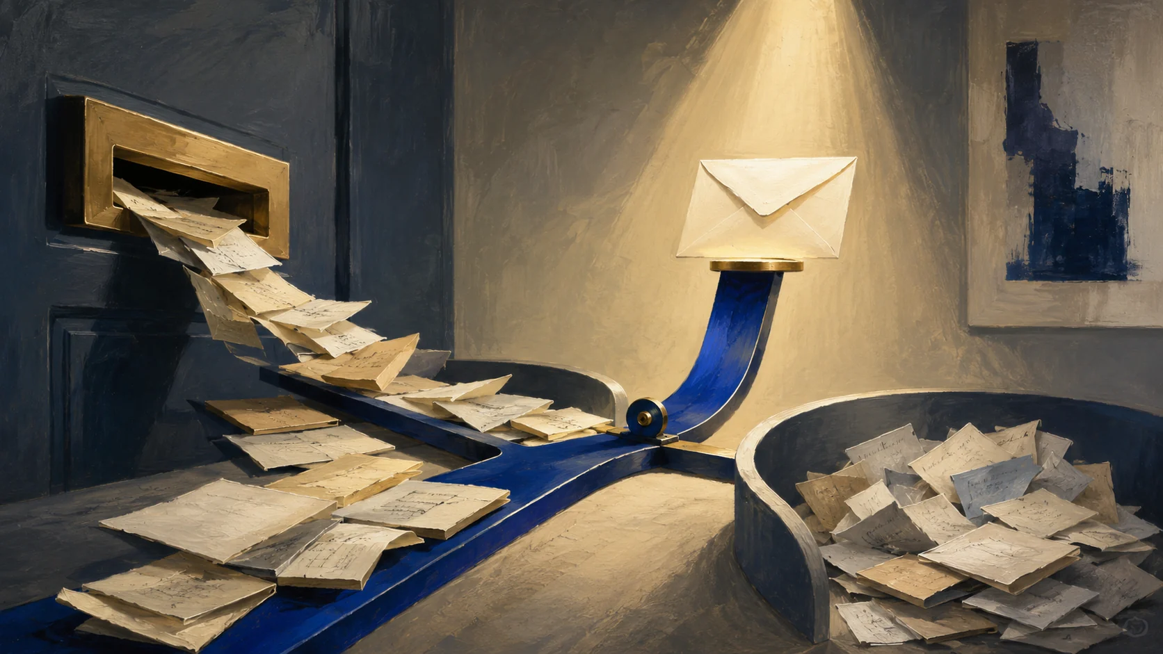 Painterly scene of envelopes and small notes drifting in through a simple doorway; a crisp cobalt line sorts them, lifting one envelope into a warm spotlight as the chosen real inquiry while the vague slips settle into a quiet discard pile. The intake front door doing the sorting.