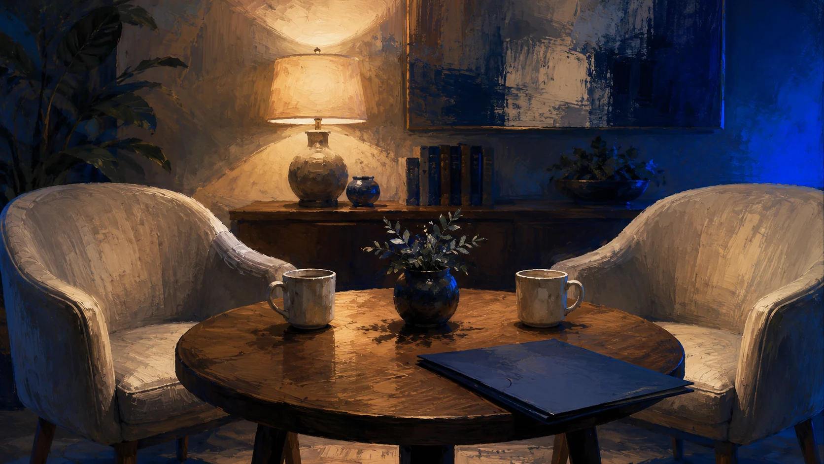 Painterly scene of two empty chairs drawn up to a small table in warm cobalt-tinged light, a real conversation about to happen, with a folded proposal lying face-down and set aside until later. The value conversation that comes before the number.