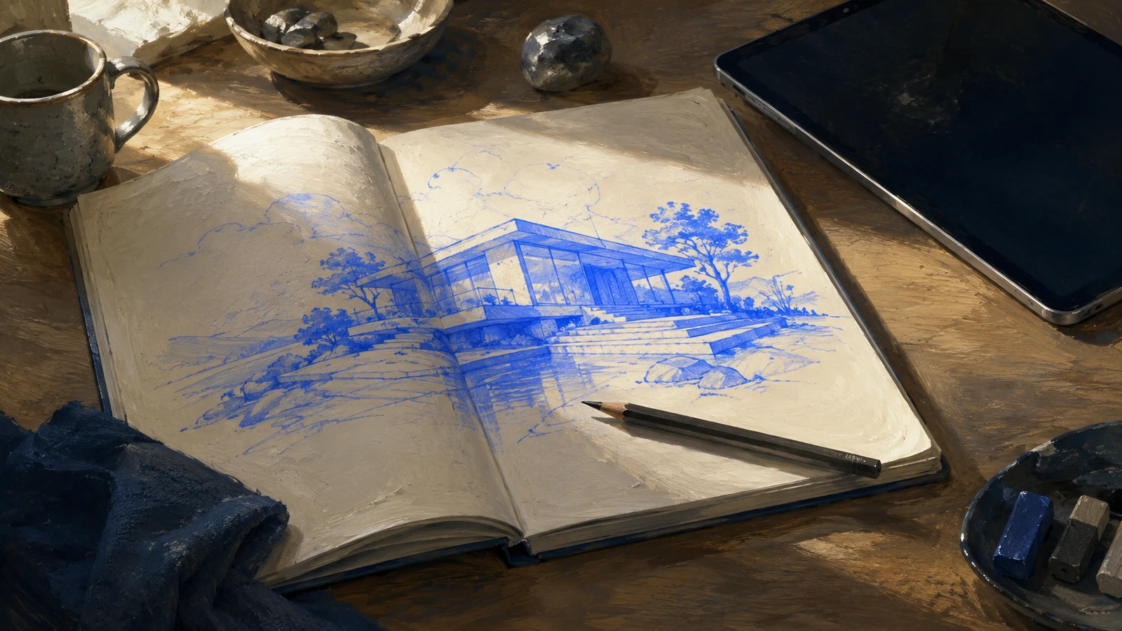 An open sketchbook on a warm wooden desk with a loose hand-drawn idea sketch glowing soft cobalt blue, a pencil resting across it, and a dark blank tablet set to the side waiting. The thinking happened by hand first. No people.