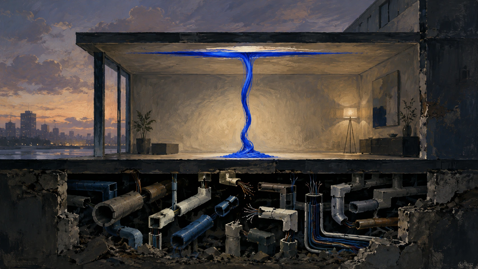 Painterly oil illustration, architectural cutaway of a room at dusk: a luminous cobalt-blue thread of intelligence rises from the floor but fans out and flattens against the ceiling, stalled, unable to climb higher; below the floor an exposed foundation is a tangle of broken, disconnected pipes and frayed cables lying in rubble. A city skyline glows through the window. Cool slate-navy and warm cream palette. The broken foundation is visibly what caps the light above. No people, no text.