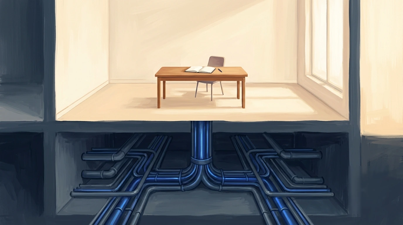 Painterly illustration, architectural cutaway: a calm, sunlit upper room holding a single wooden desk with an open notebook and chair rests on an exposed lower level of neatly organized, interlocking cobalt-blue pipes that converge into one central conduit feeding straight up into the desk. Warm cream and slate-navy palette. The order of the foundation visibly holds up the workspace above. No people, no text.