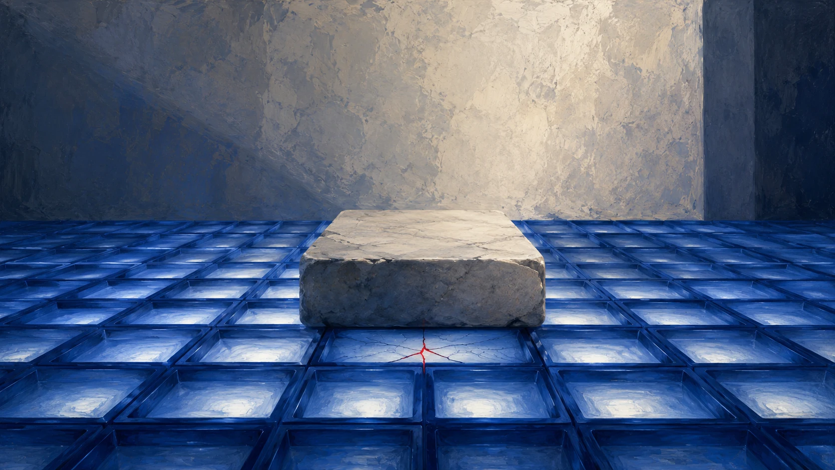 Painterly editorial illustration: a floor of deep cobalt-blue glass blocks lit from beneath, receding toward a stone wall in raking light. One heavy pale stone slab rests in the centre, and the block directly beneath its edge has cracked, the fracture picked out in a thin line of red. Every other block glows evenly. No people, no legible text. Great weight resting on something nobody has looked at.