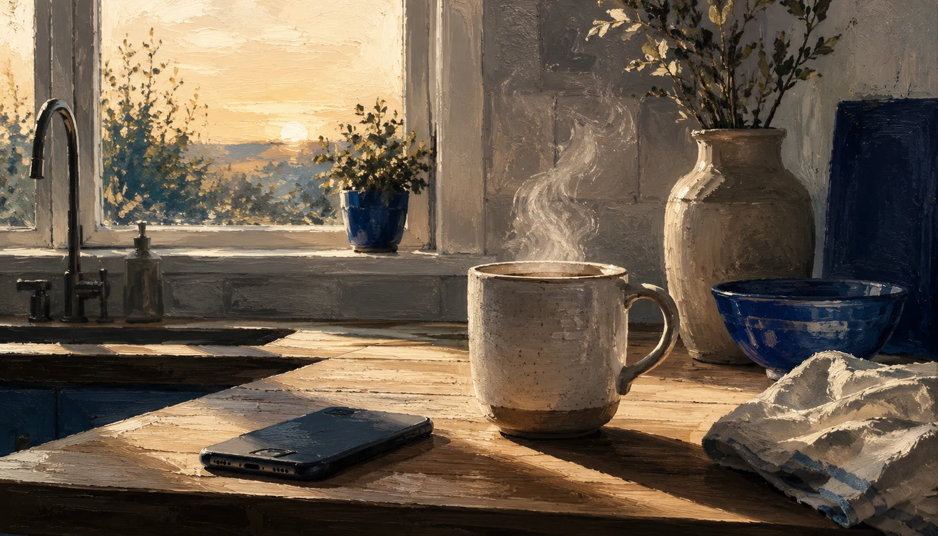 Painterly oil still life of a kitchen counter at sunrise — a phone face-down on a wooden counter beside a large steaming ceramic mug, a ceramic vase with foliage and a blue ceramic bowl on the counter, soft warm light through a window with sunrise over distant trees. The quiet morning after a night the triage layer handled.