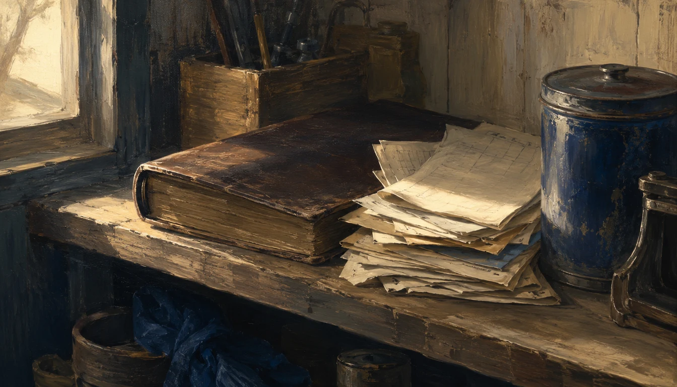 Painterly oil still life — a leather-bound ledger lying on a wooden workshop shelf, a stack of yellowed papers tucked into its pages, a deep cobalt-blue ceramic vessel beside it, brushes and small tools visible in a wooden box behind, light slanting through a side window. The book the article is about.