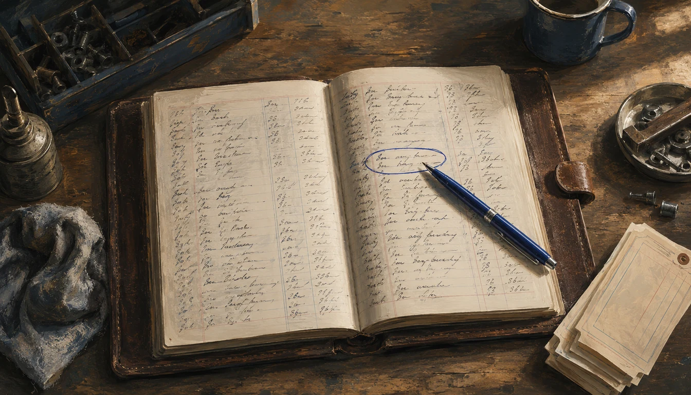 Painterly overhead view of a wooden workshop desk in soft afternoon light — a leather-bound customer ledger open across the center with impressionistic cursive ink entries, a cobalt-blue pen resting across one entry that has been circled in cobalt ink, completed paper tags tucked in one corner, a mug and a small printer's drawer beside the book.