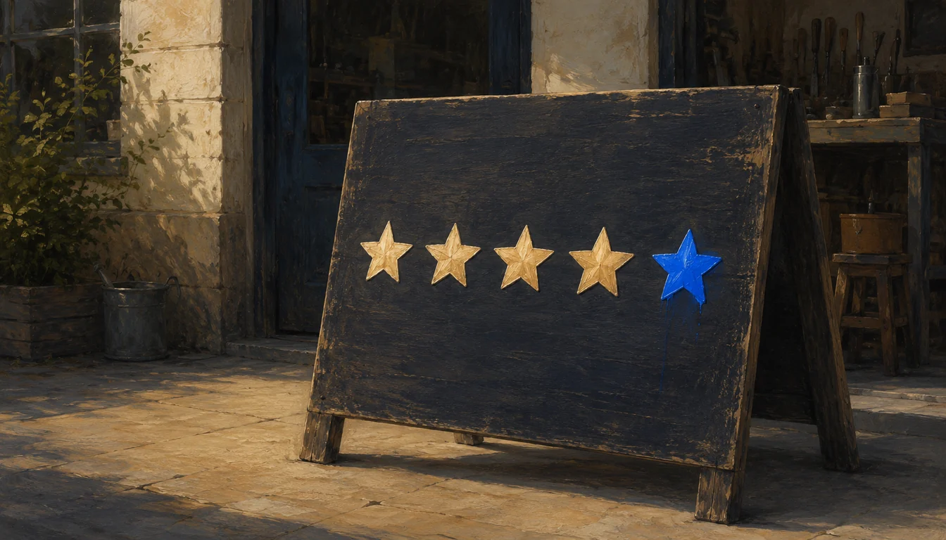 Painterly weathered wooden A-frame sidewalk sign outside a workshop in warm afternoon light, a row of five painted stars across the board — four cream-gold and the fifth a freshly-painted glowing cobalt blue — a hard-earned reputation, no text.