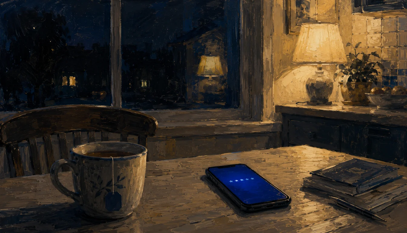 Painterly still life of a kitchen table at nine at night — a cooling mug of tea and a phone lying face-up glowing cobalt blue with a faint row of small stars, a dark window behind reflecting the warm room — the homeowner comparing companies before deciding who to call.