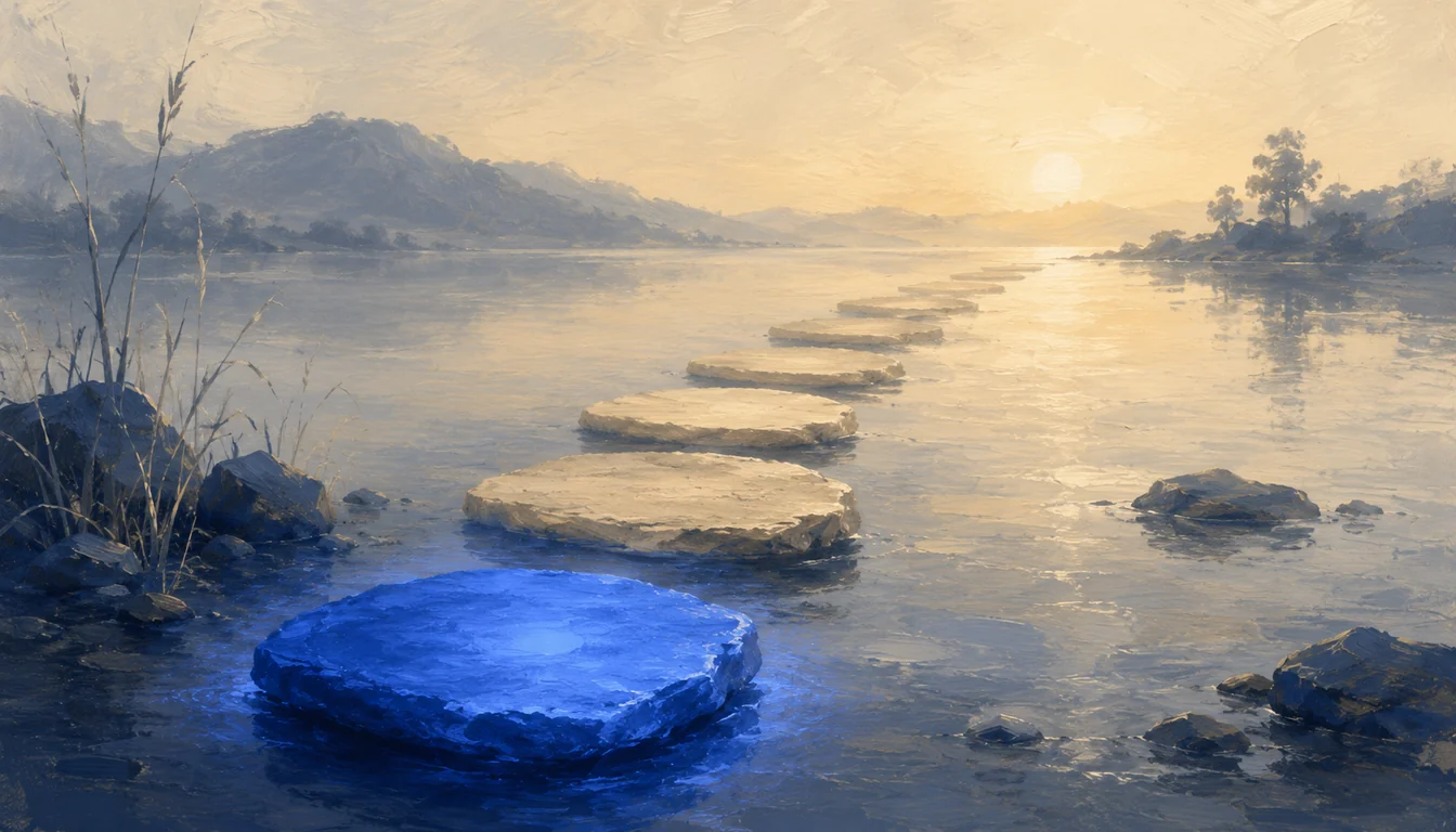 Painterly path of flat stepping stones receding into soft warm morning light, the nearest first stone glowing a luminous cobalt blue while the rest stay calm cream and stone — start here, one step at a time.