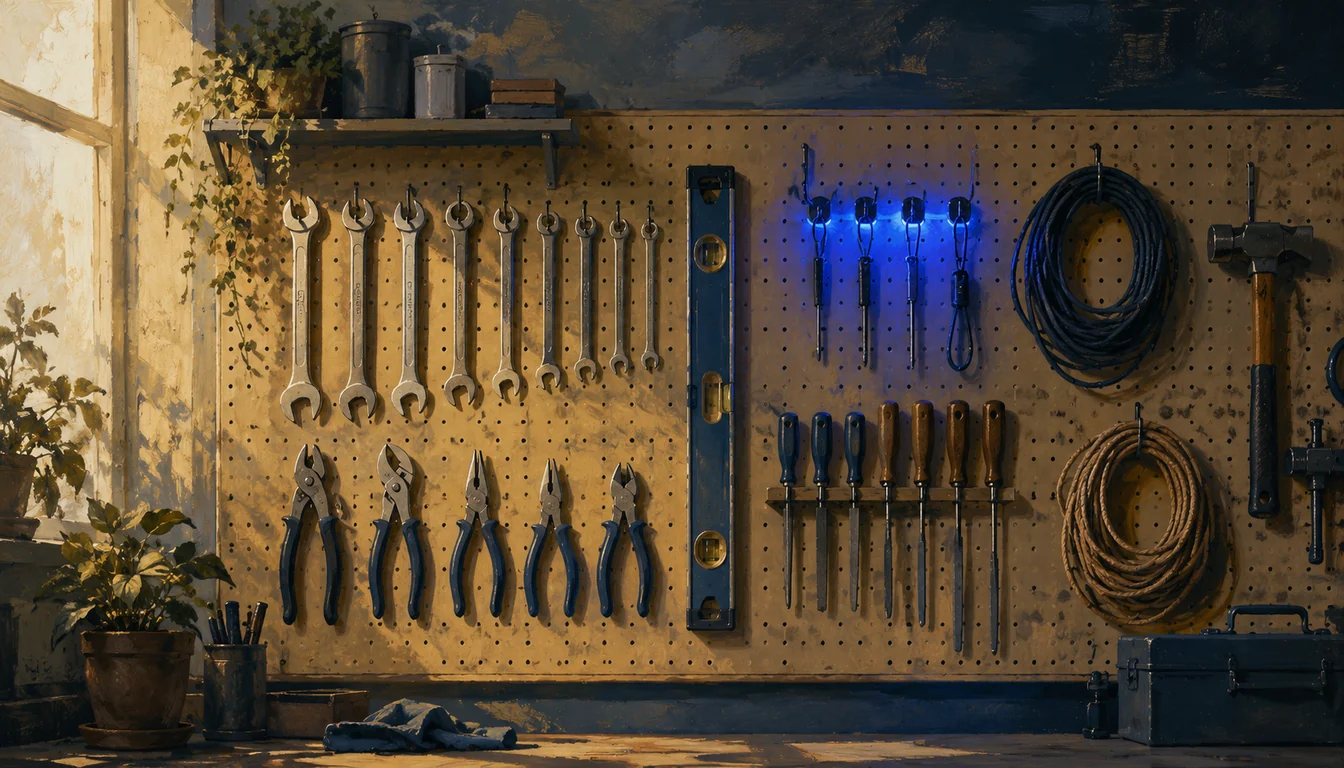 Painterly still life of a workshop pegboard wall in warm afternoon light, hand tools hung in neat deliberate order, one cluster of hooks glowing softly cobalt blue — a system set up on purpose, in order.