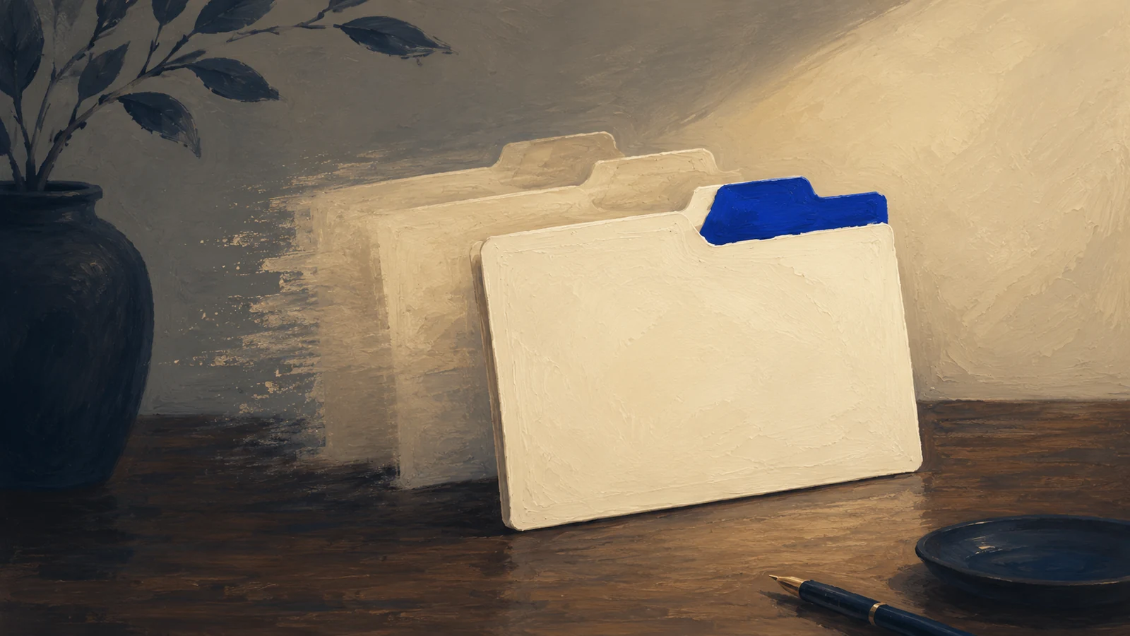 Oil-painted still life on a warm walnut desk: a single crisp cream file folder with one deep cobalt-blue tab in soft directional light, with two faint, ghosted duplicate folders dissolving into the wall behind it — many duplicate records resolving into one true record. A dark vase and a pen sit nearby. Slate-navy and warm cream palette with a single cobalt accent. No people, no legible text.