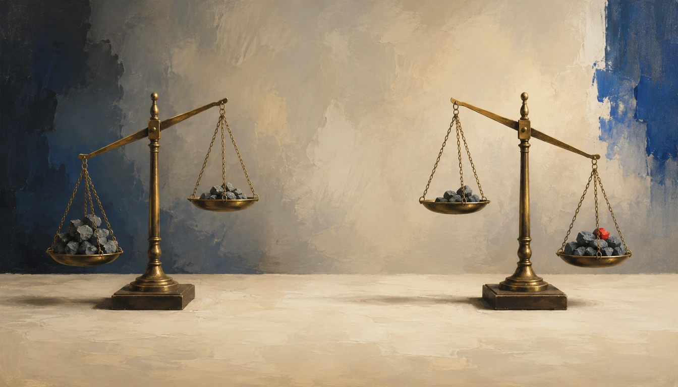 Painterly editorial still life of two entirely separate antique brass balance scales standing apart on a cream table. Each holds the same grey stones, yet one tips steeply left and the other steeply right — two identical instruments weighing the same thing and flatly contradicting each other. A single red stone marks one pan. Cream and slate-navy palette with cobalt accents. No people, no legible text.