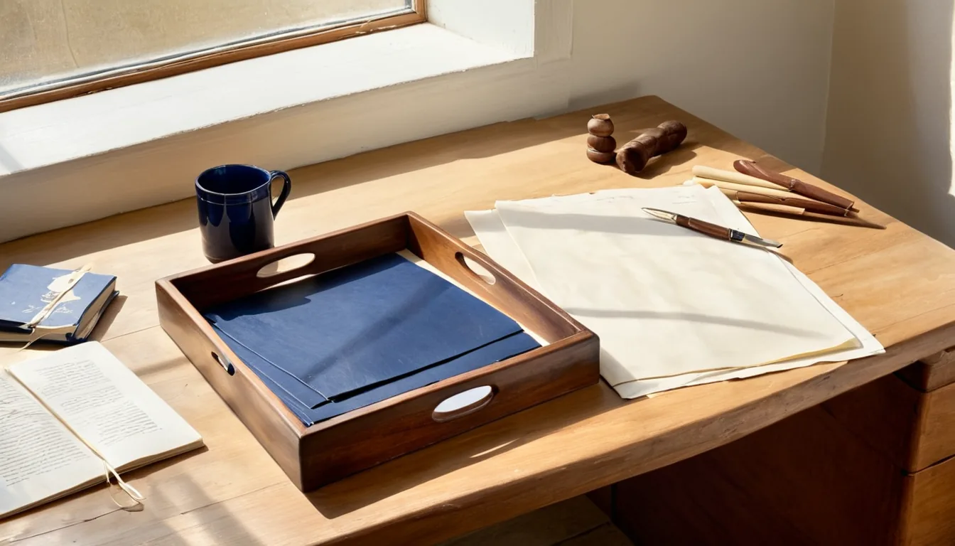 Painterly still life of a tidy wooden desk at dawn with an orderly inbox tray and a single cobalt-blue thread flowing cleanly through it in warm morning light.