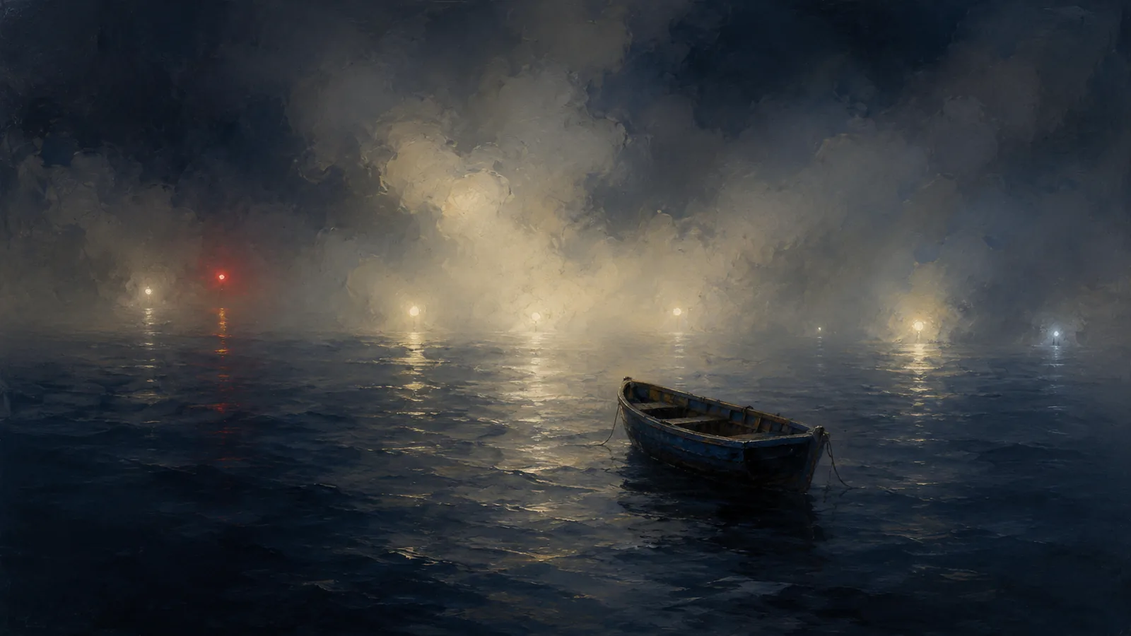 Painterly oil-painting seascape: a lone fishing boat adrift on a calm dark sea in thick low fog at night, surrounded by several small scattered dim lights glowing weakly in the mist with no clear direction, one of the distant lights a faint red. Cool slate-navy sea and pale cream fog. No people, no legible text. The confusion the beacon cuts through — six apps that don't agree, before the data is reconciled.