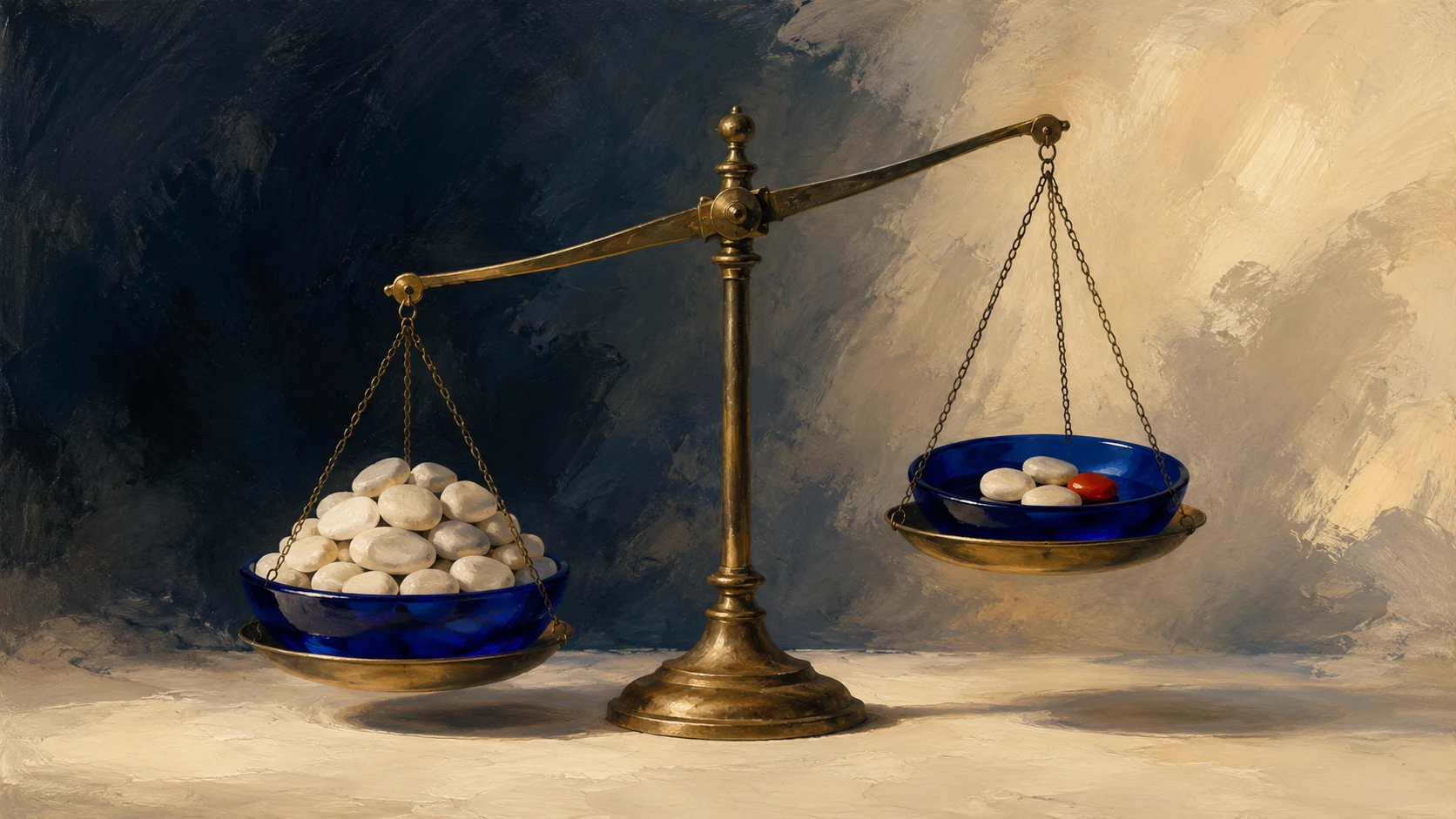 Painterly editorial illustration: a brass balance scale, its beam tilted clearly out of level. On the low pan a cobalt glass bowl heaped with pale stones; on the high pan a matching bowl holding only a few stones, one of them red. Slate-navy shadow on one side, warm cream light on the other. No people, no legible text. Two counts that don't agree.