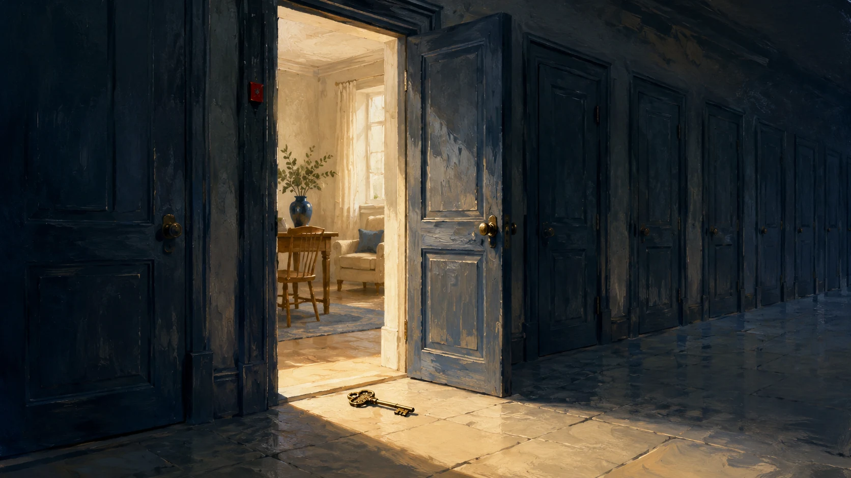 Painterly editorial illustration: in a hall lined with tall identical closed slate-navy doors, one door stands open onto a calm, ordinary, sunlit room with a table, a chair, an armchair and a plant by the window. An ornate brass key lies on the floor at the threshold, not yet carried inside, and a small red plaque marks the opened doorway. No people, no legible text.