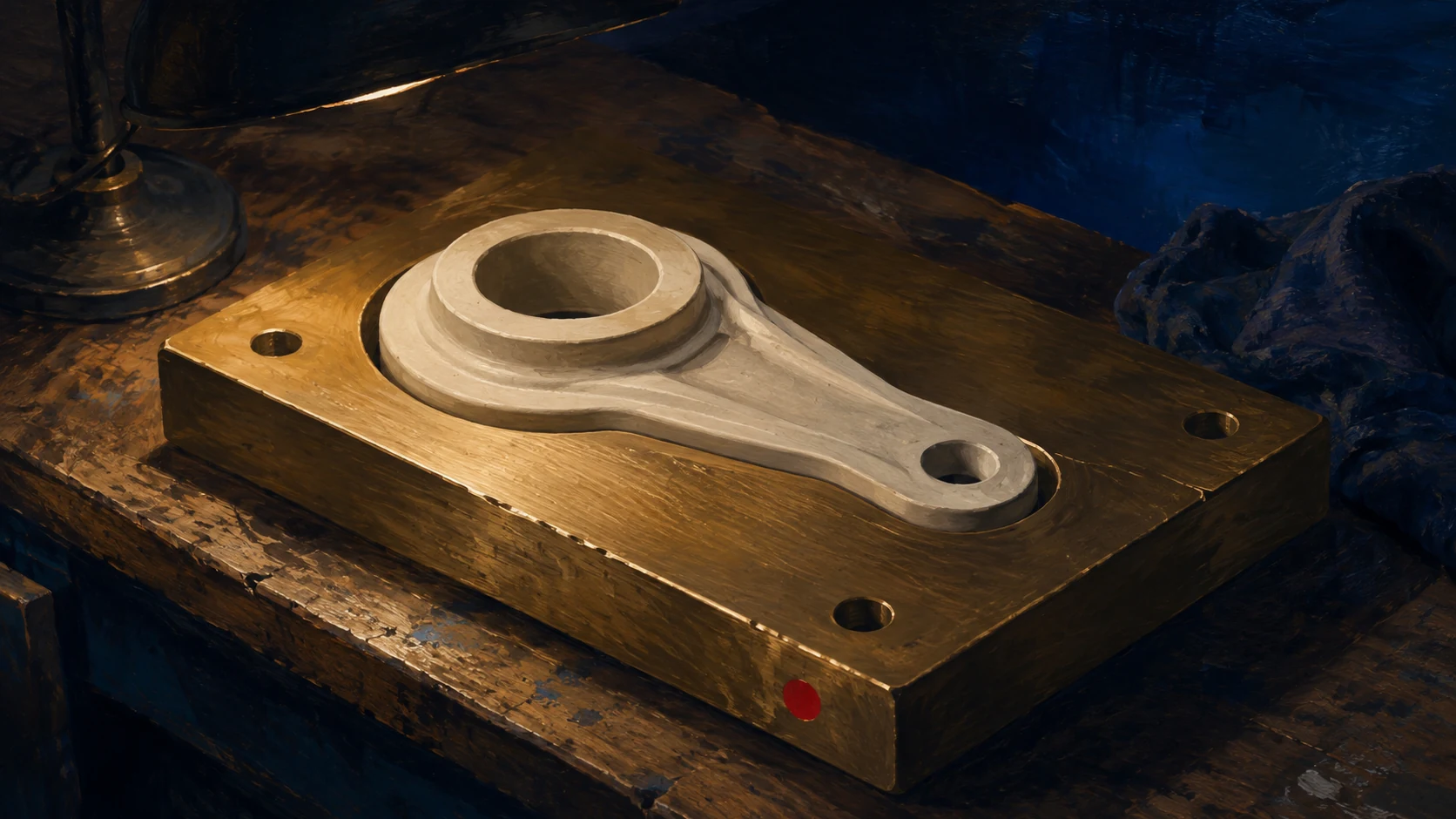 Painterly editorial illustration: a single pale cast form seated exactly into a precisely cut recess in a heavy machined brass master template on a worn wooden bench, the fit clean and obvious under a low raking lamp, cobalt shadow pooling around it, one small red detail on the template edge. No people, no legible text.