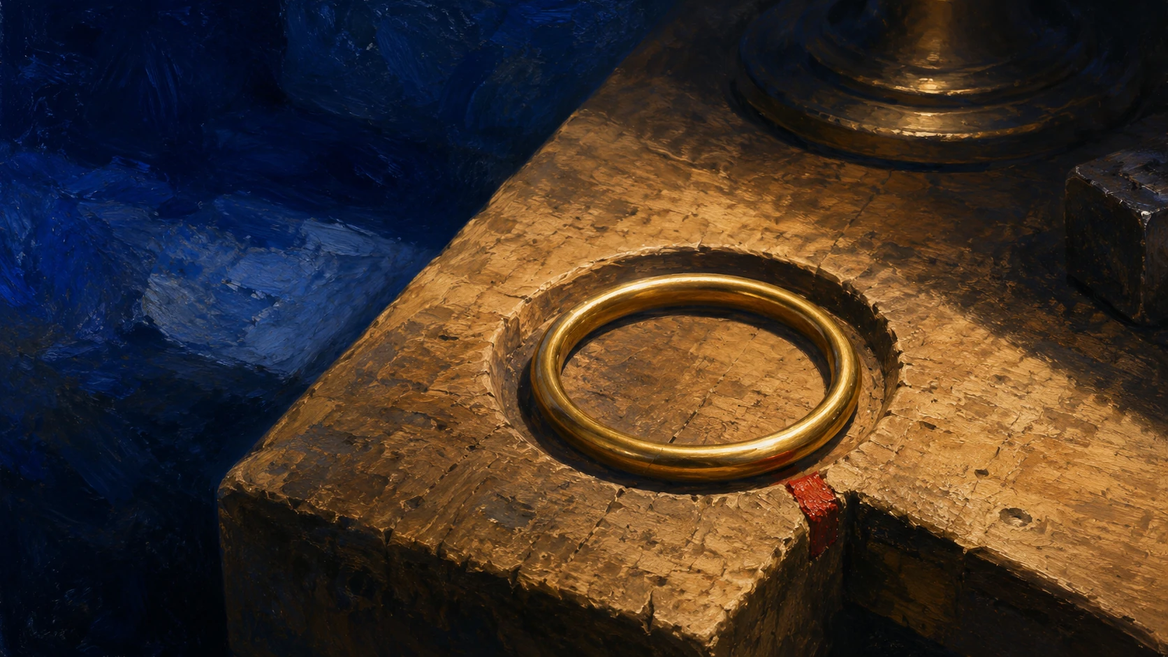 Painterly editorial illustration: a single continuous brass ring, closed and seamless, seated cleanly into a shallow machined recess in a worn wooden bench. Warm light rakes across the unbroken curve, a small red mark sits at the edge of the recess, deep cobalt shadow fills the left of the frame. No people, no legible text.