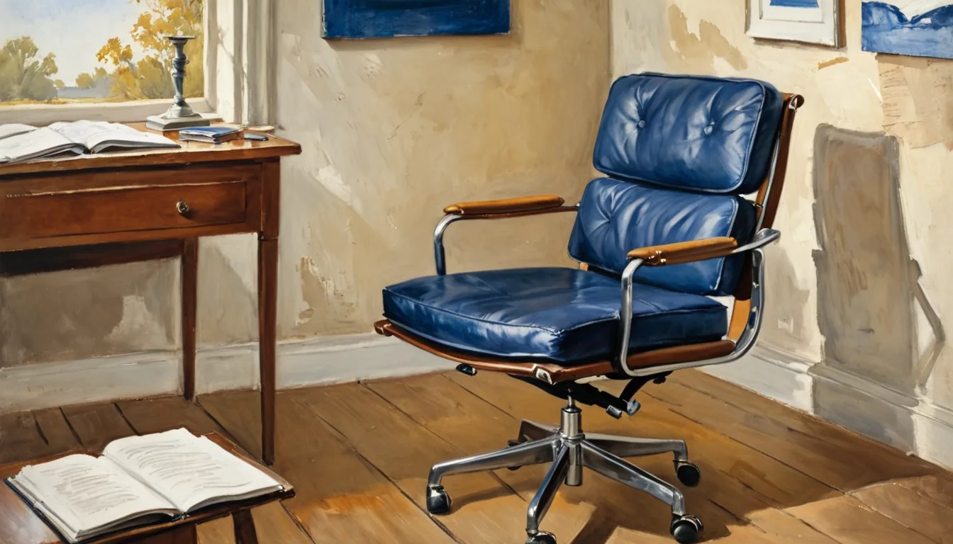 Painterly still life of an empty cobalt-blue leather office chair at a wooden desk in warm light, a closed notebook on the seat — signifying work that stays human.