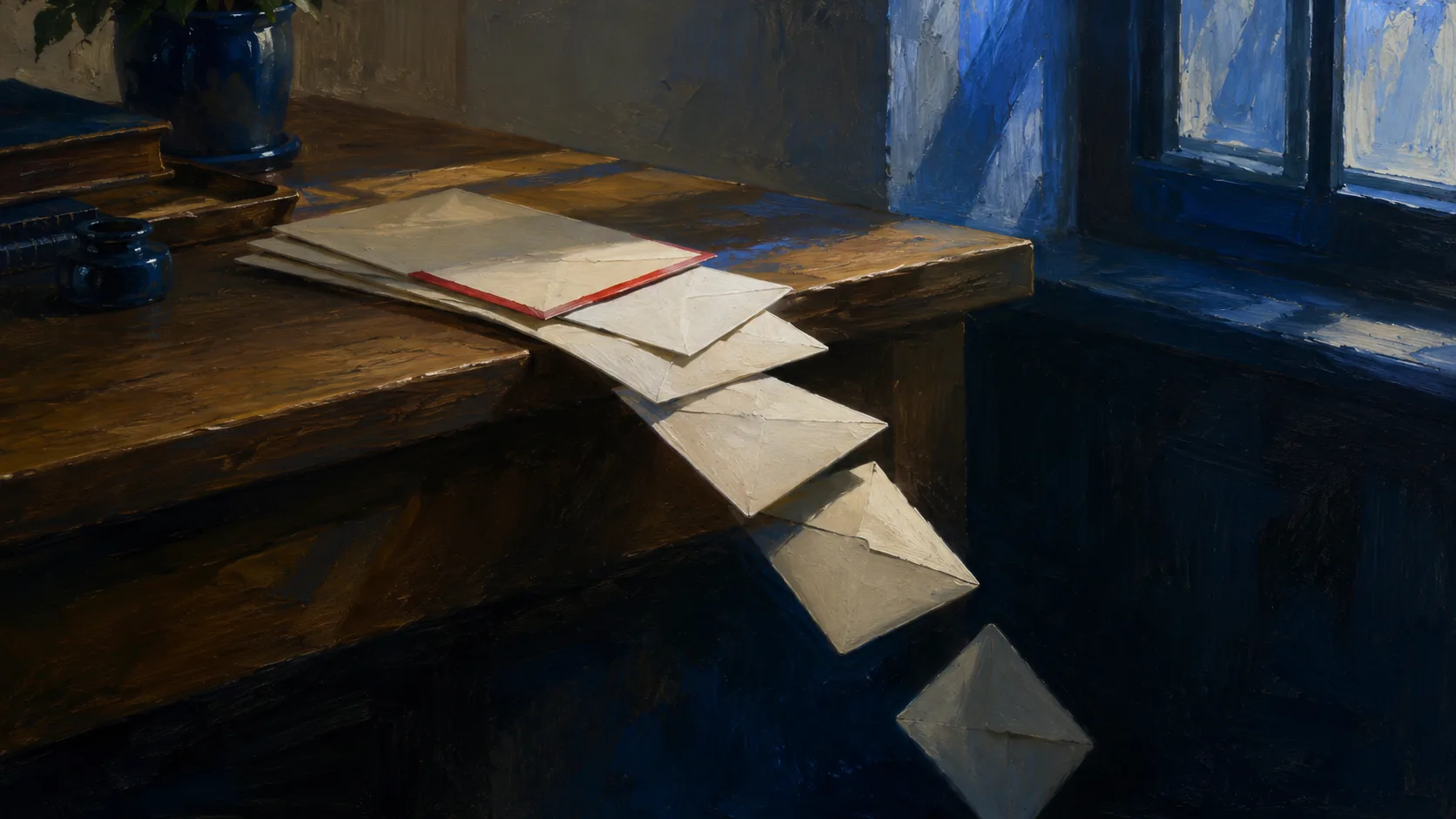 Painterly still life of a small stack of unopened envelopes sliding off the edge of a wooden desk into shadow, the topmost envelope edged in red, cool cobalt light from a nearby window — leads slipping away unopened.